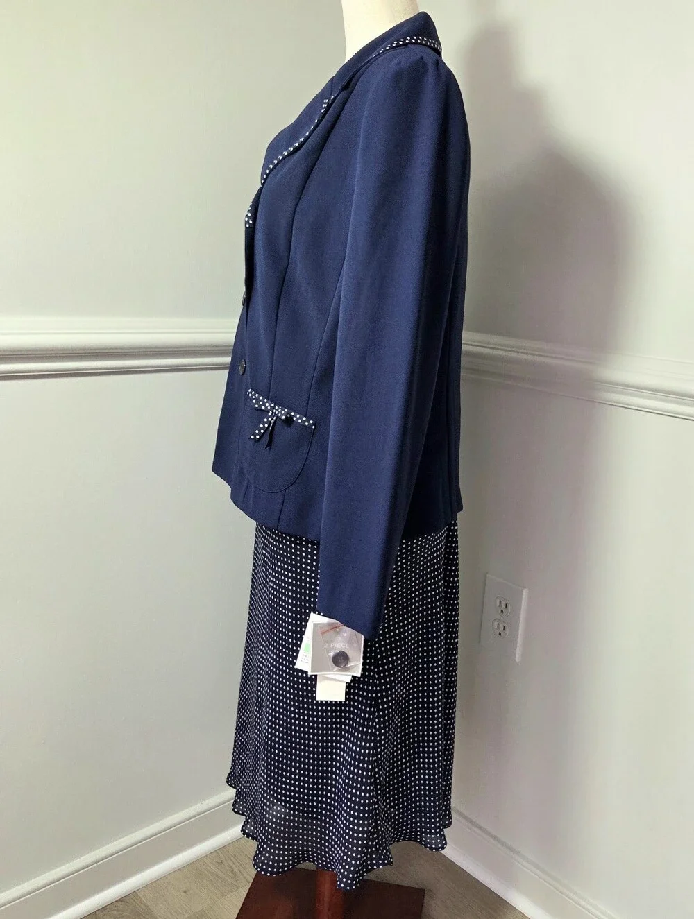 NWT Y2K Retro Polka Dot Skirt Suit Set Navy Preppy Blazer Size 8 Sag Harbor